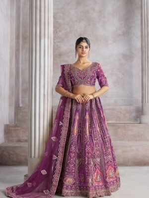 Berry Purple Banarasi Silk Bridesmaid Lehenga with Aari & Sequin Work – Bird Motifs & Mocha Blouse