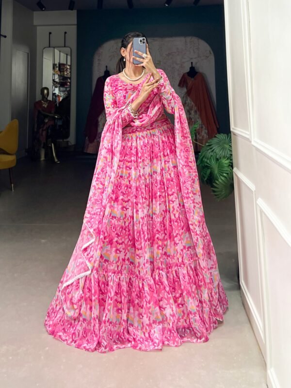 Printed Georgette Lehenga Set with Lace Accents