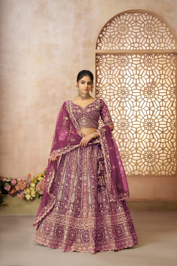 Purple Soft Net Designer Bridal Lehenga with Multi-Pattern Thread Embroidery – Panelled Skirt for Festive & Wedding Wear - Image 2