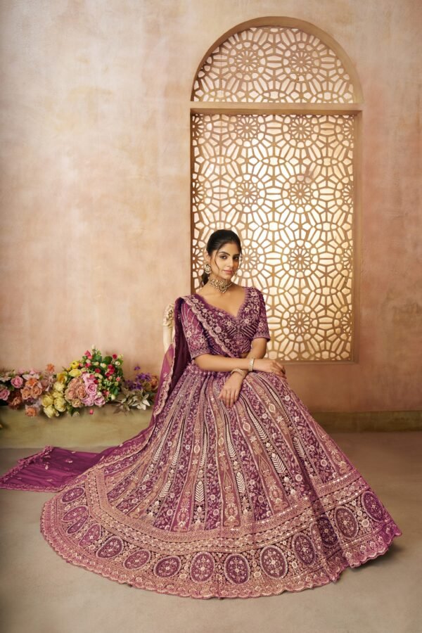 Purple Soft Net Designer Bridal Lehenga with Multi-Pattern Thread Embroidery – Panelled Skirt for Festive & Wedding Wear - Image 3