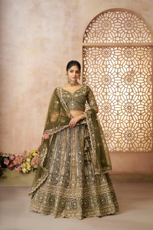 Mehndi Green Soft Net Designer Bridal Lehenga with Intricate Thread Work – Panelled Skirt for Festive & Wedding Wear - Image 2