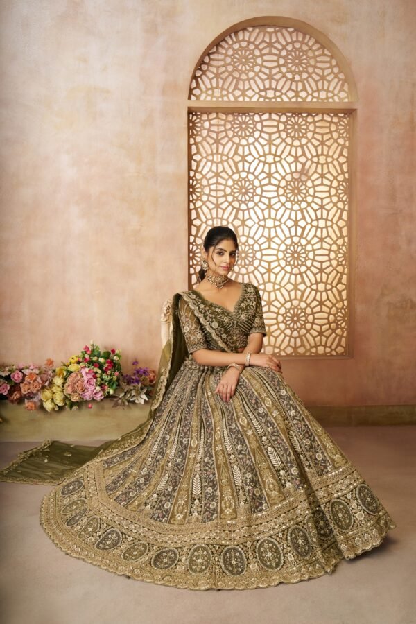 Mehndi Green Soft Net Designer Bridal Lehenga with Intricate Thread Work – Panelled Skirt for Festive & Wedding Wear - Image 3