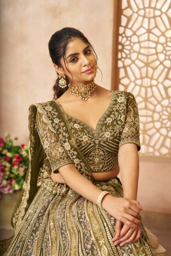 Mehndi Green Soft Net Designer Bridal Lehenga with Intricate Thread Work – Panelled Skirt for Festive & Wedding Wear - Image 4