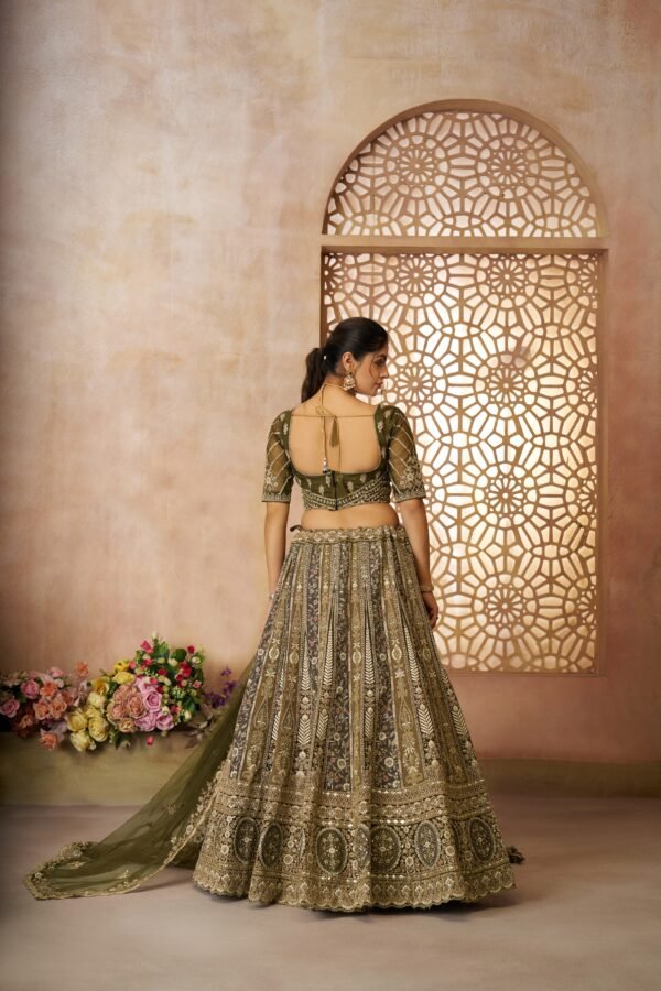 Mehndi Green Soft Net Designer Bridal Lehenga with Intricate Thread Work – Panelled Skirt for Festive & Wedding Wear - Image 6