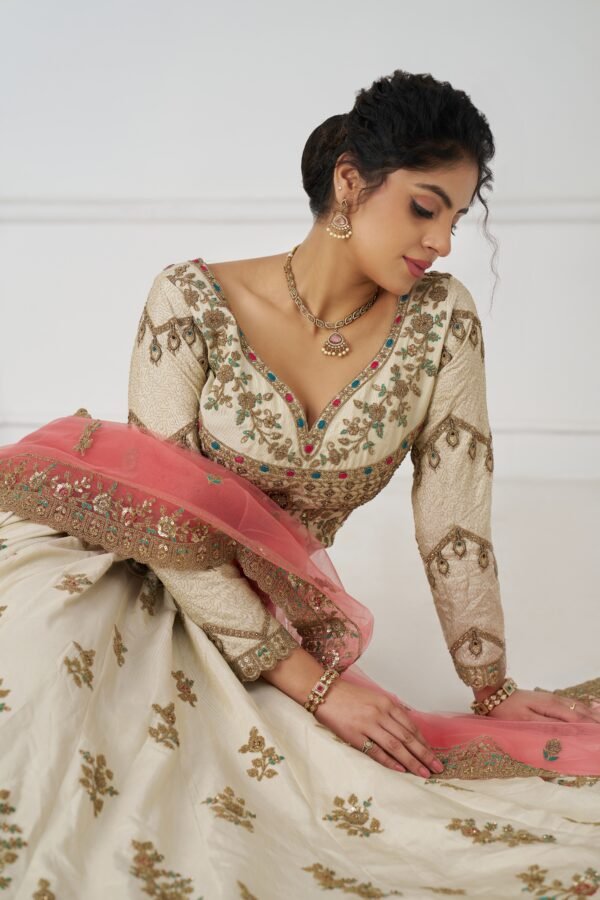 White Zari Silk Bridal Lehenga with Intricate Peacock Embroidery – Pink Dupatta Wedding Ensemble - Image 2