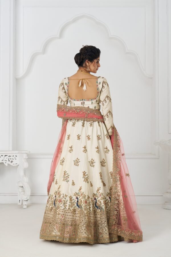 White Zari Silk Bridal Lehenga with Intricate Peacock Embroidery – Pink Dupatta Wedding Ensemble - Image 4