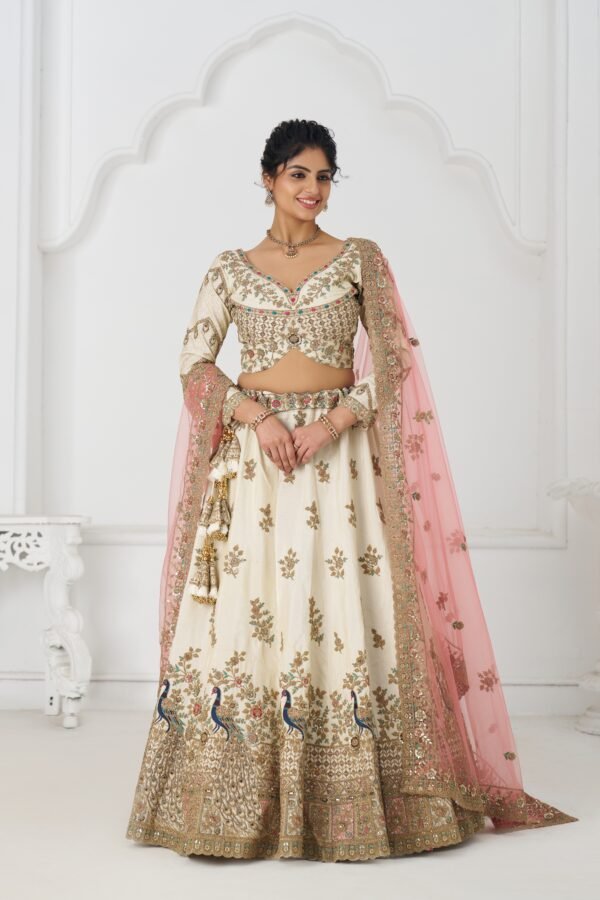 White Zari Silk Bridal Lehenga with Intricate Peacock Embroidery – Pink Dupatta Wedding Ensemble - Image 5