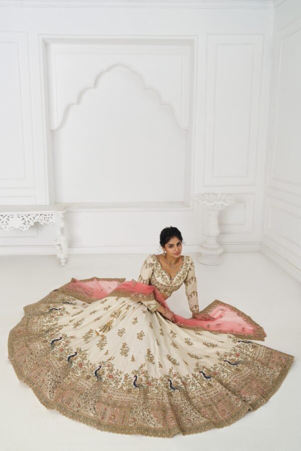 White Zari Silk Bridal Lehenga with Intricate Peacock Embroidery – Pink Dupatta Wedding Ensemble - Image 6