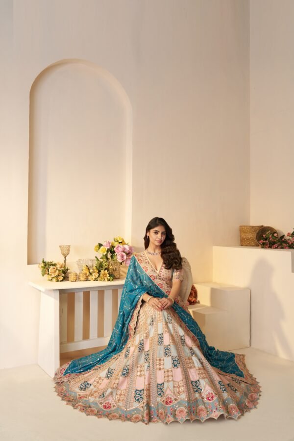Sky Blue Dola Silk Party Wear Lehenga with Multi-Color Jaal Print, Zari & Sequin Work – Festive Lehenga Set - Image 5