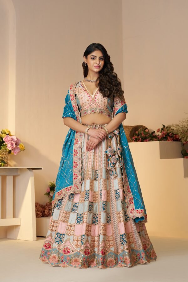 Sky Blue Dola Silk Party Wear Lehenga with Multi-Color Jaal Print, Zari & Sequin Work – Festive Lehenga Set - Image 2