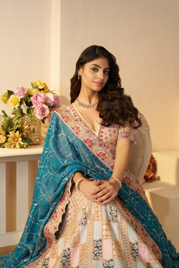 Sky Blue Dola Silk Party Wear Lehenga with Multi-Color Jaal Print, Zari & Sequin Work – Festive Lehenga Set - Image 3