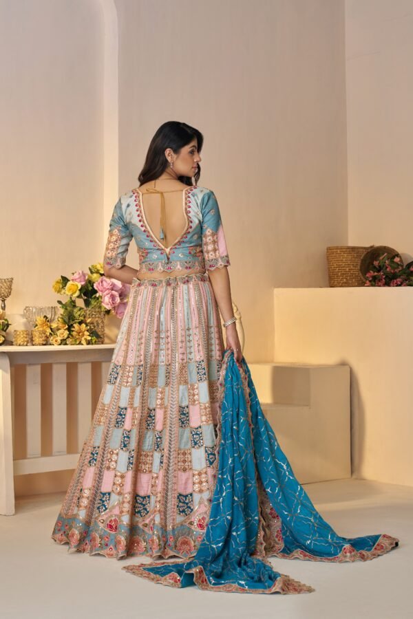 Sky Blue Dola Silk Party Wear Lehenga with Multi-Color Jaal Print, Zari & Sequin Work – Festive Lehenga Set - Image 4