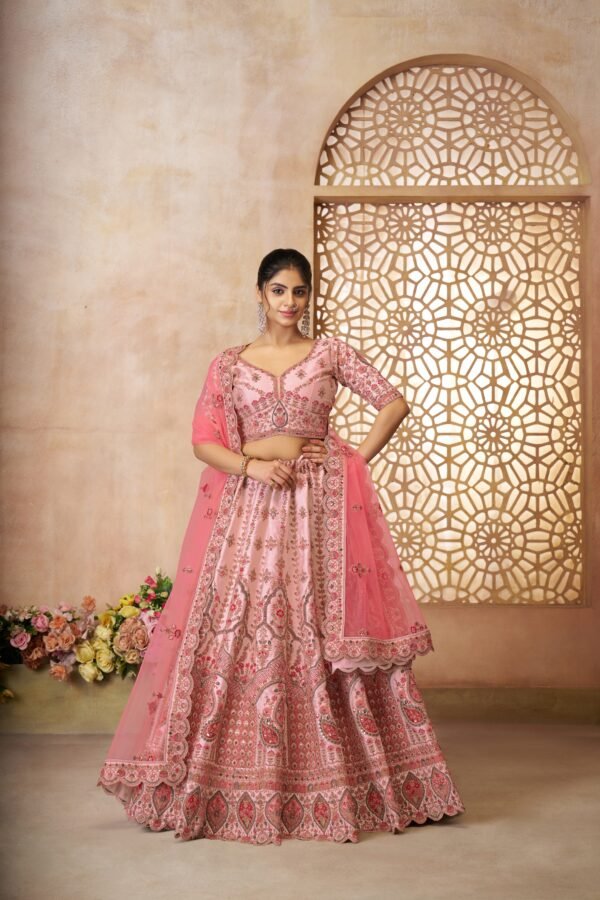 Pink Silk Bridal Lehenga with Paisley & Medallion Embroidery – Pink Dupatta & Designer Blouse for Weddings - Image 2