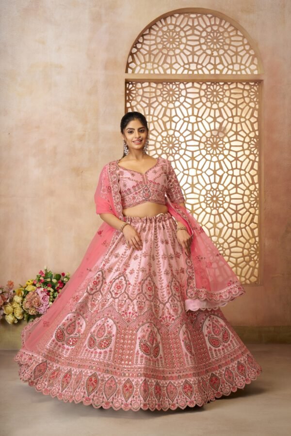 Pink Silk Bridal Lehenga with Paisley & Medallion Embroidery – Pink Dupatta & Designer Blouse for Weddings - Image 3