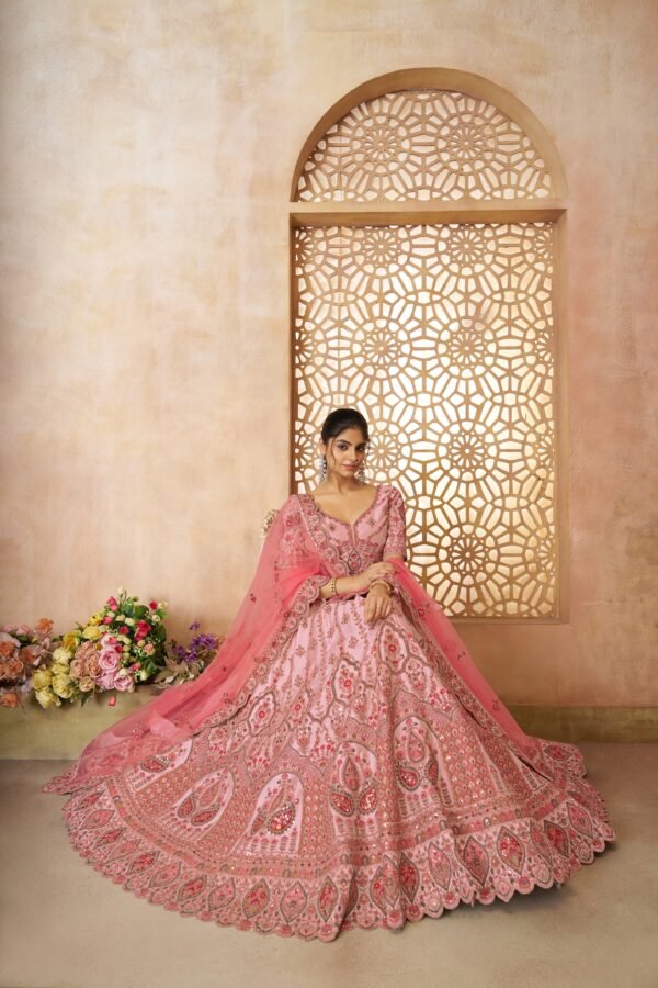 Pink Silk Bridal Lehenga with Paisley & Medallion Embroidery – Pink Dupatta & Designer Blouse for Weddings - Image 4