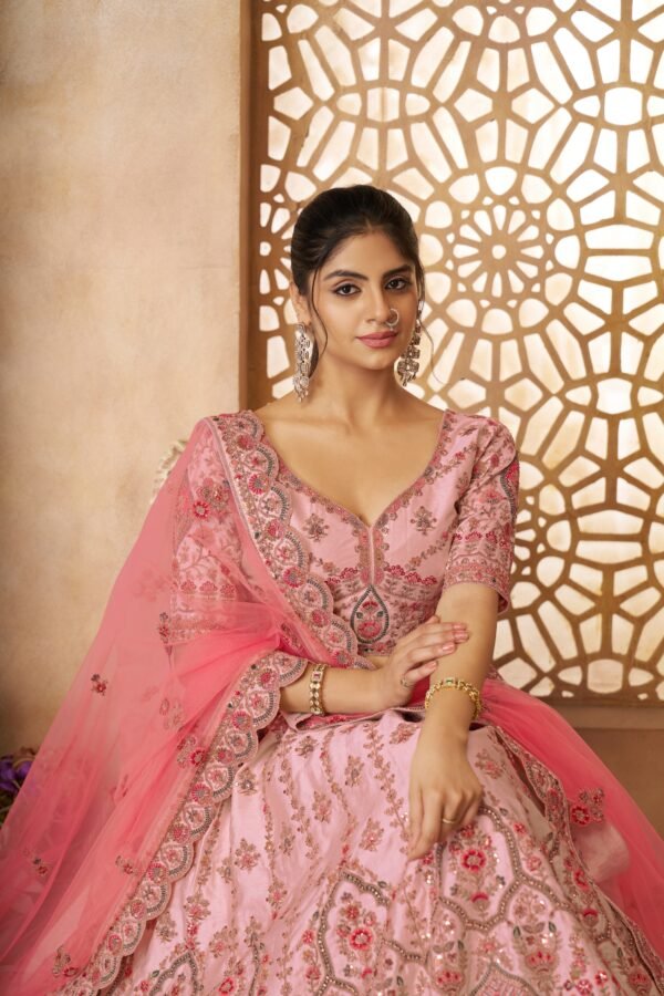 Pink Silk Bridal Lehenga with Paisley & Medallion Embroidery – Pink Dupatta & Designer Blouse for Weddings - Image 5