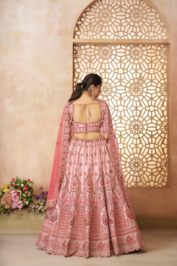 Pink Silk Bridal Lehenga with Paisley & Medallion Embroidery – Pink Dupatta & Designer Blouse for Weddings - Image 6