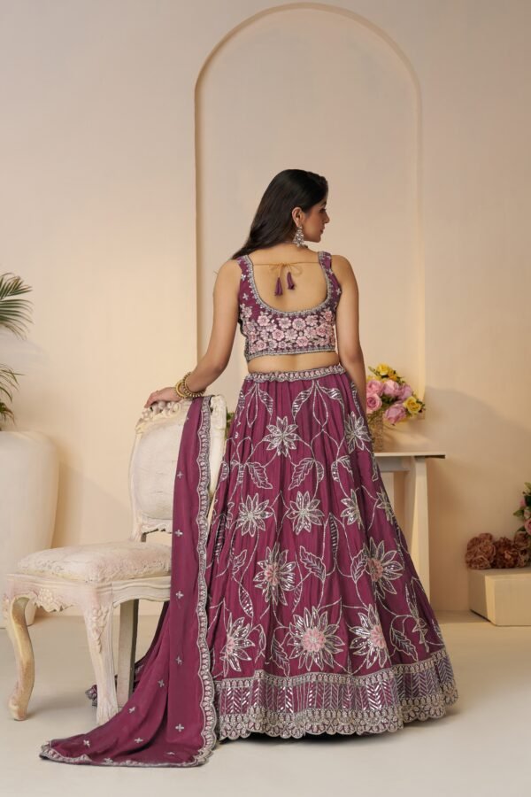 Maroon Bridal Satin Silk Lehenga with Sequin & Floral Embroidery – Elegant Sangeet & Wedding Wear for Bridesmaids - Image 2