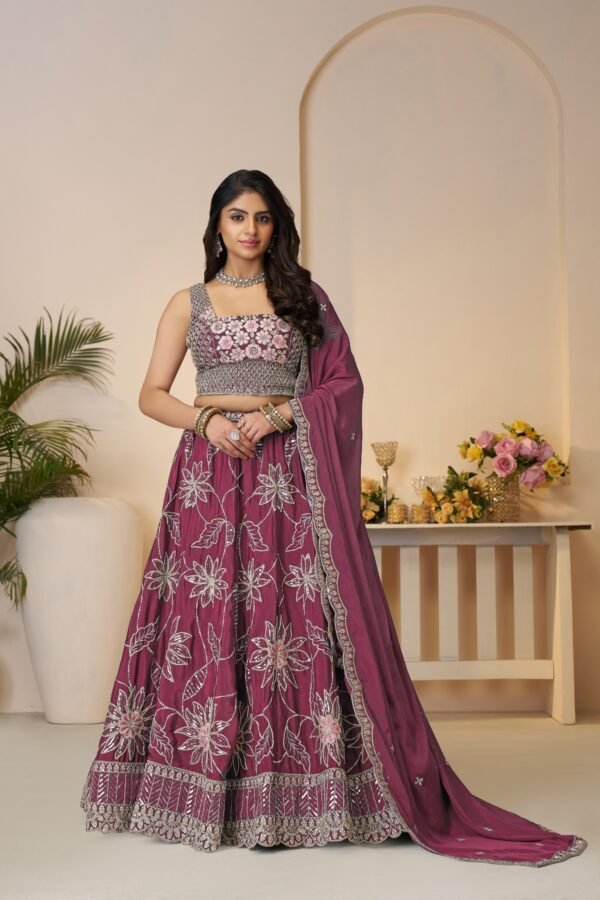 Maroon Bridal Satin Silk Lehenga with Sequin & Floral Embroidery – Elegant Sangeet & Wedding Wear for Bridesmaids - Image 3