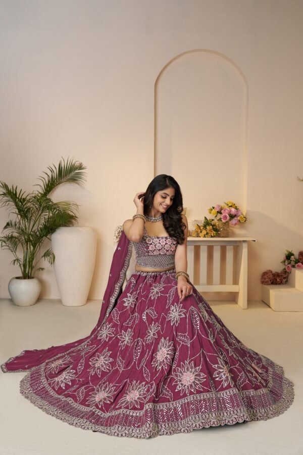Maroon Bridal Satin Silk Lehenga with Sequin & Floral Embroidery – Elegant Sangeet & Wedding Wear for Bridesmaids - Image 4