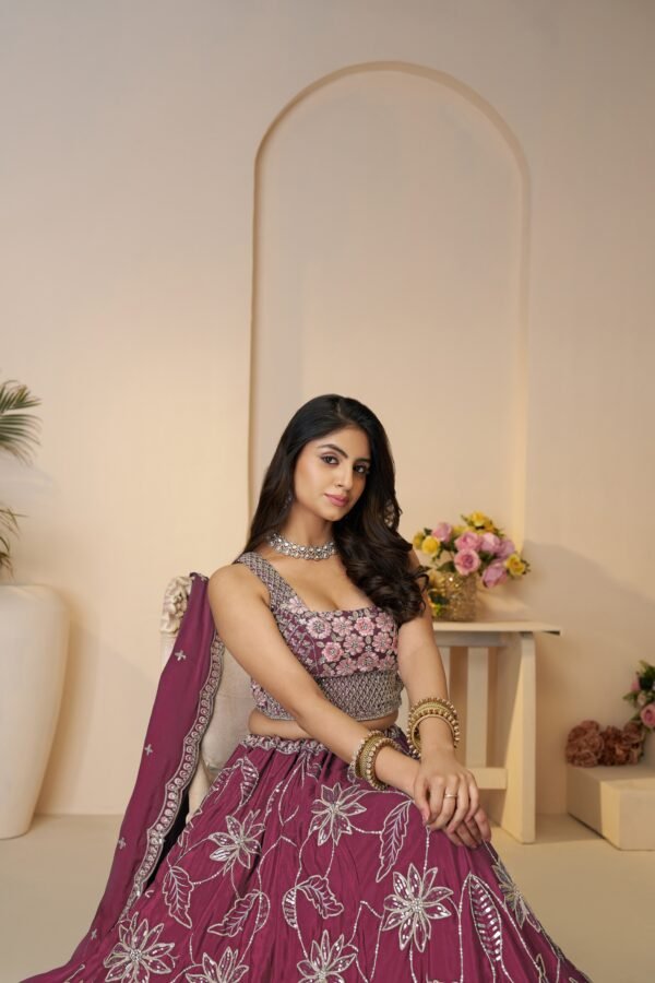 Maroon Bridal Satin Silk Lehenga with Sequin & Floral Embroidery – Elegant Sangeet & Wedding Wear for Bridesmaids - Image 5