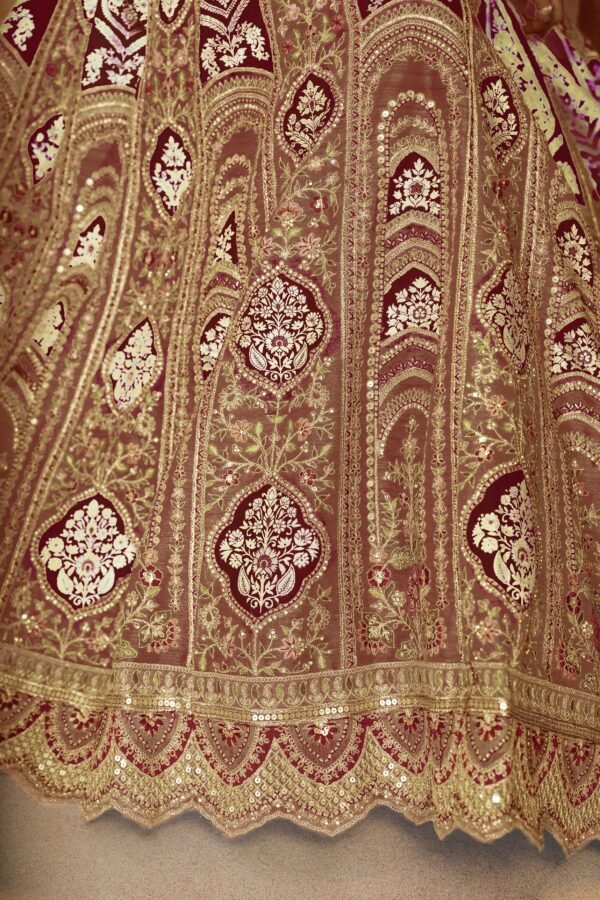 Regal Coffee Banarasi Silk Wedding Lehenga with Aari Work & Floral Motifs – Bridal Wear Set - Image 7