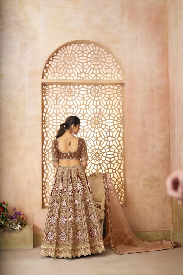 Regal Coffee Banarasi Silk Wedding Lehenga with Aari Work & Floral Motifs – Bridal Wear Set - Image 6