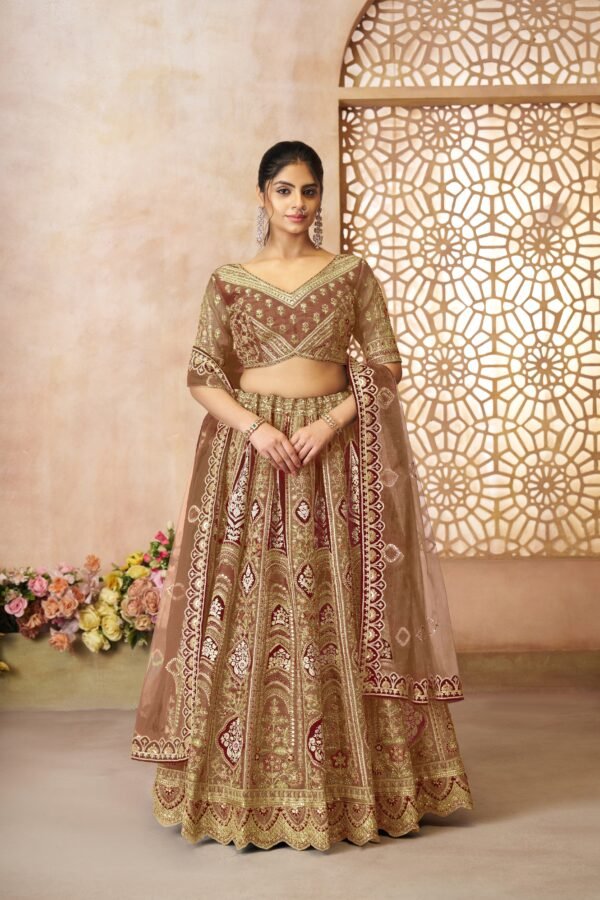 Regal Coffee Banarasi Silk Wedding Lehenga with Aari Work & Floral Motifs – Bridal Wear Set - Image 5