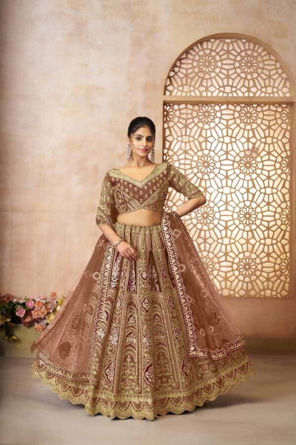 Regal Coffee Banarasi Silk Wedding Lehenga with Aari Work & Floral Motifs – Bridal Wear Set - Image 4