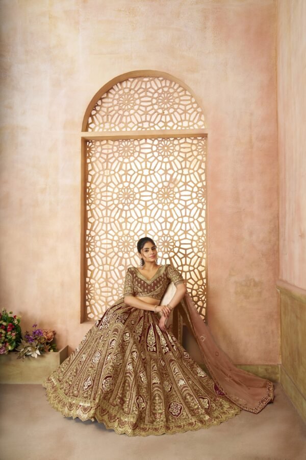 Regal Coffee Banarasi Silk Wedding Lehenga with Aari Work & Floral Motifs – Bridal Wear Set - Image 3