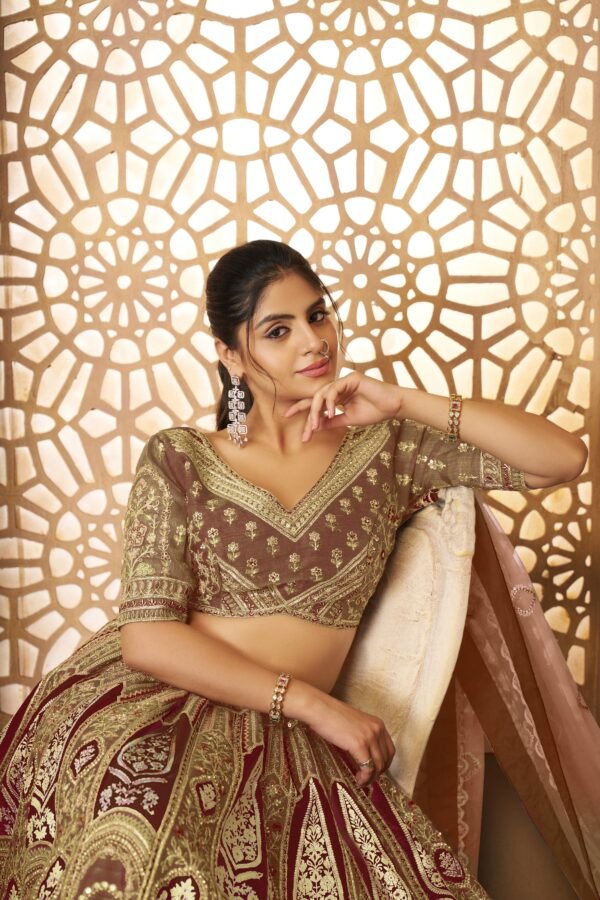 Regal Coffee Banarasi Silk Wedding Lehenga with Aari Work & Floral Motifs – Bridal Wear Set - Image 2