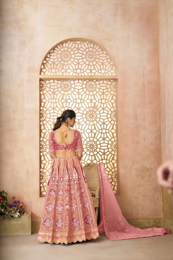 Elegant Pink Banarasi Silk Lehenga with Aari Work & Floral Motifs – Wedding & Bridal Wear - Image 6