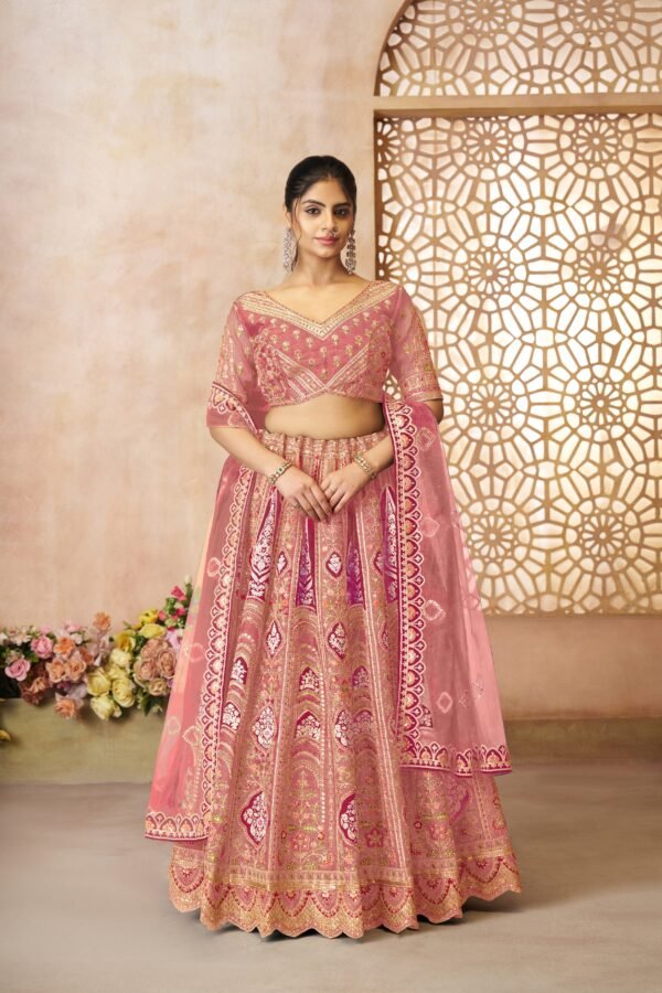 Elegant Pink Banarasi Silk Lehenga with Aari Work & Floral Motifs – Wedding & Bridal Wear - Image 5