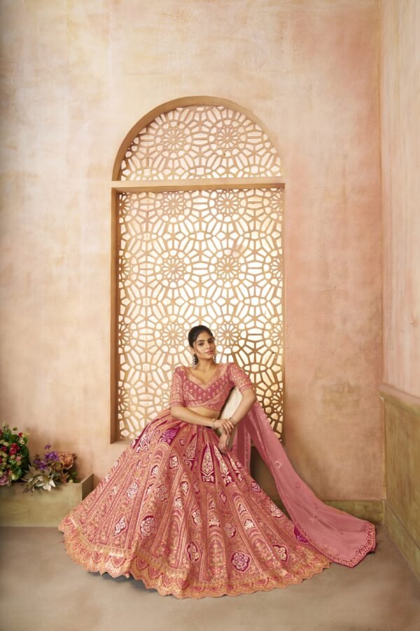 Elegant Pink Banarasi Silk Lehenga with Aari Work & Floral Motifs – Wedding & Bridal Wear - Image 4