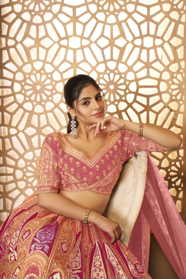 Elegant Pink Banarasi Silk Lehenga with Aari Work & Floral Motifs – Wedding & Bridal Wear - Image 3