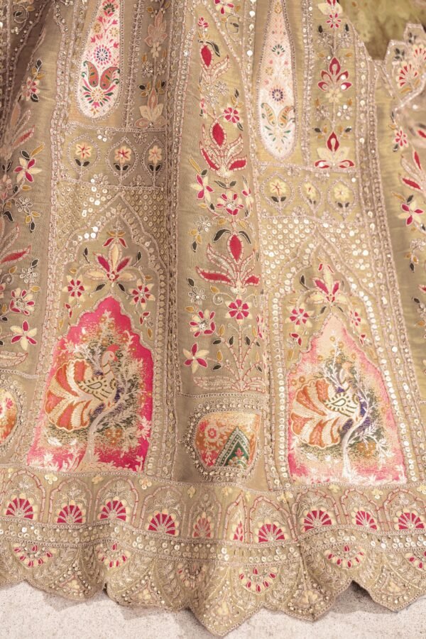Champagne Color Banarasi Silk Lehenga with Aari & Sequin Work – Bird Motifs & Mocha Blouse for Weddings - Image 2