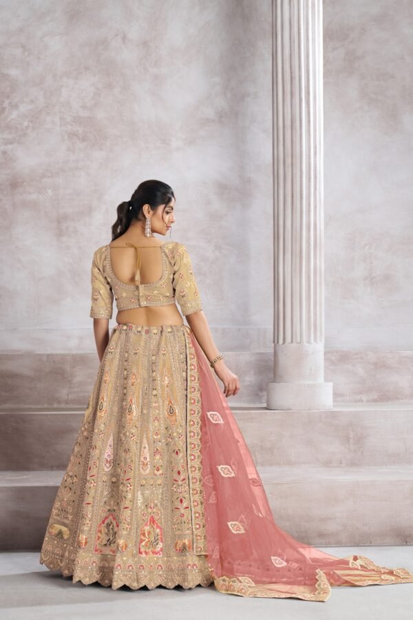 Champagne Color Banarasi Silk Lehenga with Aari & Sequin Work – Bird Motifs & Mocha Blouse for Weddings - Image 3