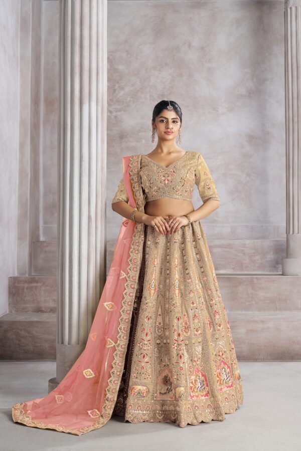 Champagne Color Banarasi Silk Lehenga with Aari & Sequin Work – Bird Motifs & Mocha Blouse for Weddings - Image 4
