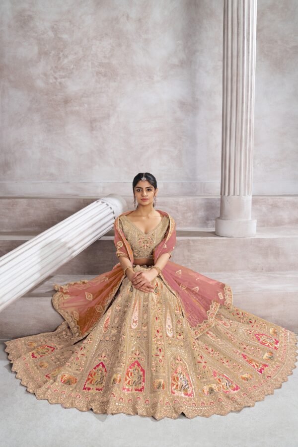 Champagne Color Banarasi Silk Lehenga with Aari & Sequin Work – Bird Motifs & Mocha Blouse for Weddings - Image 5