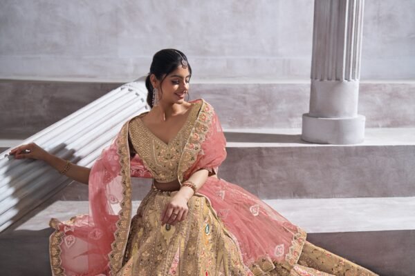 Champagne Color Banarasi Silk Lehenga with Aari & Sequin Work – Bird Motifs & Mocha Blouse for Weddings - Image 6