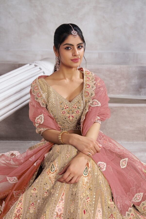 Champagne Color Banarasi Silk Lehenga with Aari & Sequin Work – Bird Motifs & Mocha Blouse for Weddings - Image 7