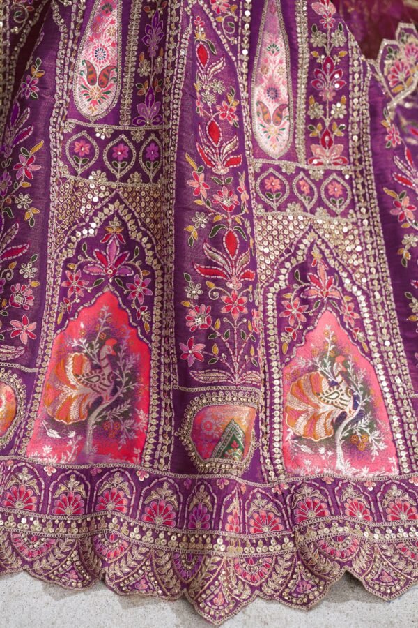 Berry Purple Banarasi Silk Bridesmaid Lehenga with Aari & Sequin Work – Bird Motifs & Mocha Blouse - Image 2