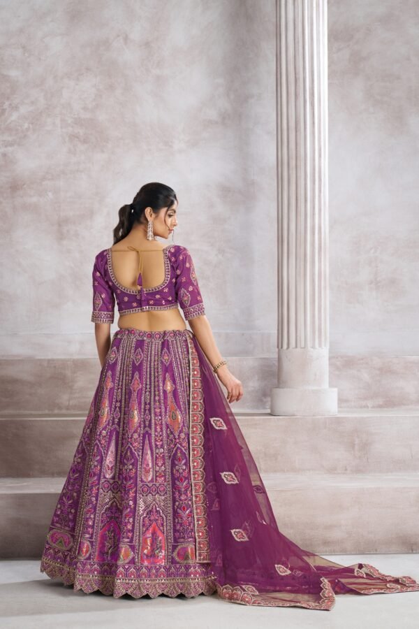 Berry Purple Banarasi Silk Bridesmaid Lehenga with Aari & Sequin Work – Bird Motifs & Mocha Blouse - Image 3