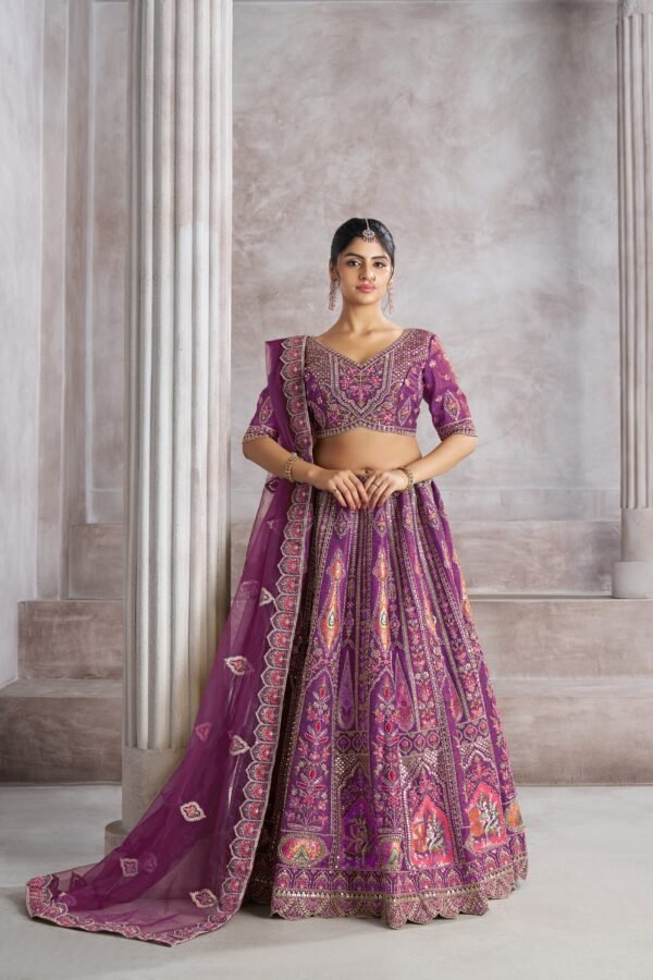 Berry Purple Banarasi Silk Bridesmaid Lehenga with Aari & Sequin Work – Bird Motifs & Mocha Blouse - Image 4