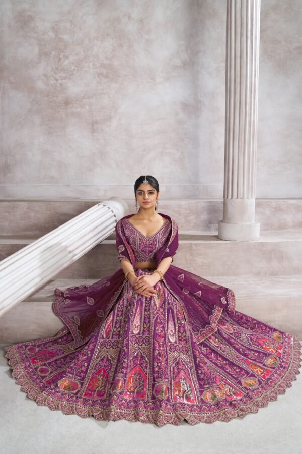 Berry Purple Banarasi Silk Bridesmaid Lehenga with Aari & Sequin Work – Bird Motifs & Mocha Blouse - Image 5
