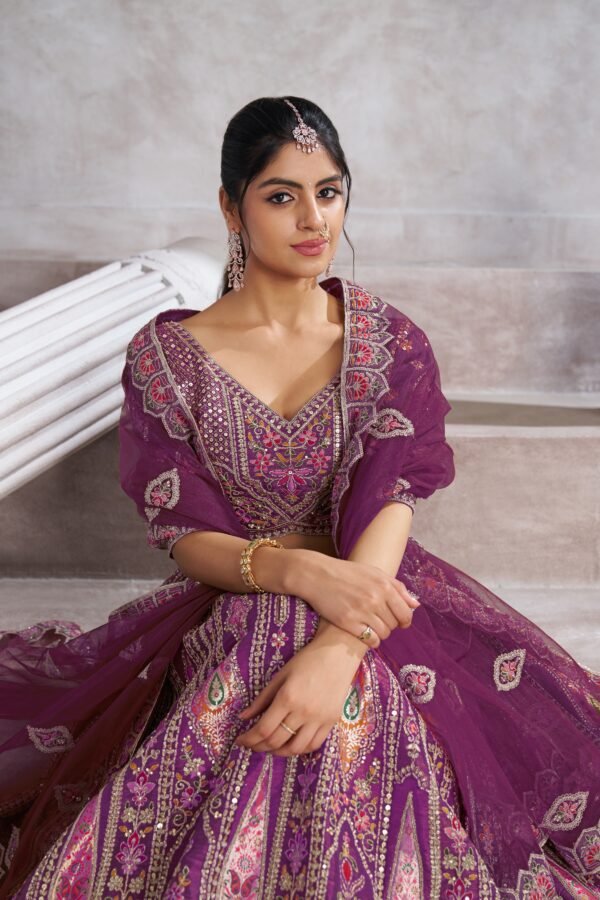 Berry Purple Banarasi Silk Bridesmaid Lehenga with Aari & Sequin Work – Bird Motifs & Mocha Blouse - Image 7