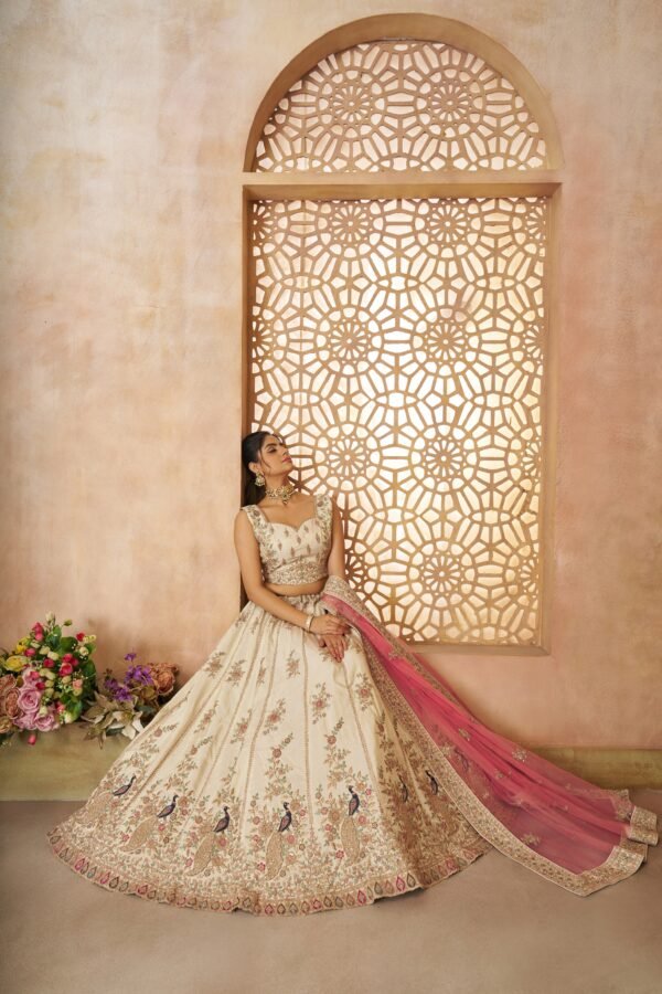 Beige Zari Silk Lehenga Set with Dupatta – Elegant White Ensemble for Grand Occasions - Image 2