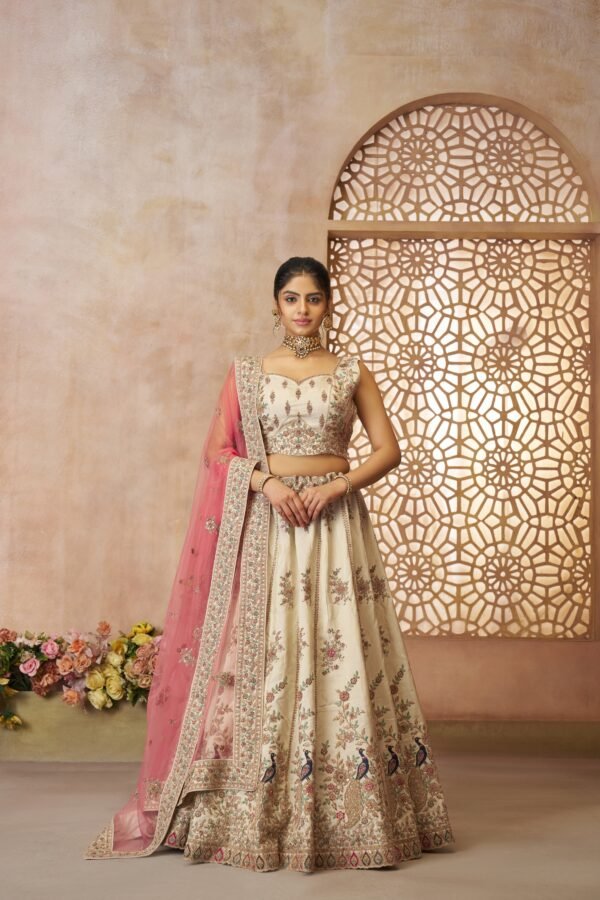 Beige Zari Silk Lehenga Set with Dupatta – Elegant White Ensemble for Grand Occasions - Image 5