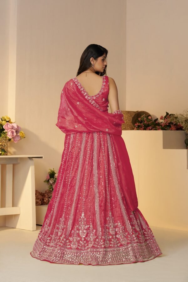 Traditional Pink Jimmy Choo Lehenga with Paisley Motifs & Embroidered Silk Patches – Elegant Zari Border Dupatta Set - Image 2