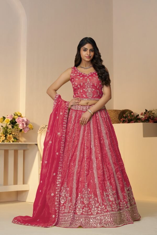 Traditional Pink Jimmy Choo Lehenga with Paisley Motifs & Embroidered Silk Patches – Elegant Zari Border Dupatta Set - Image 3